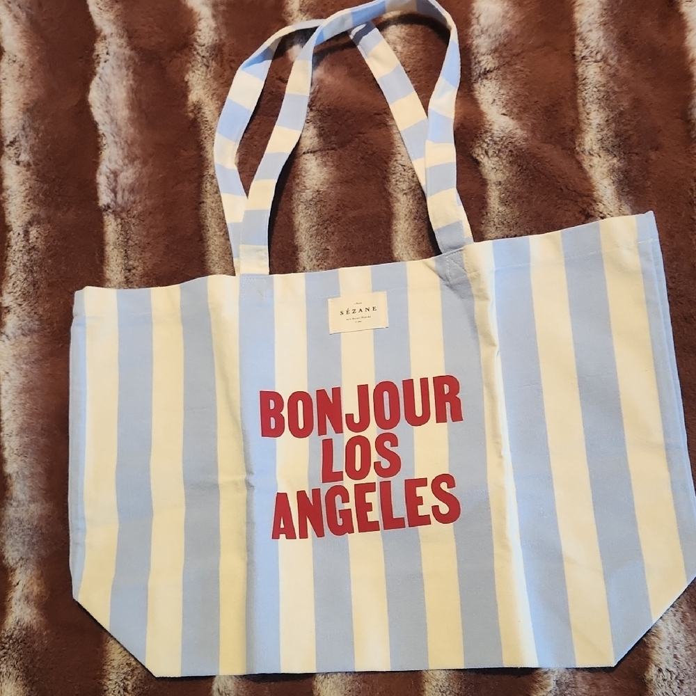 Blue and White Striped Canvas Tote with Bold Text